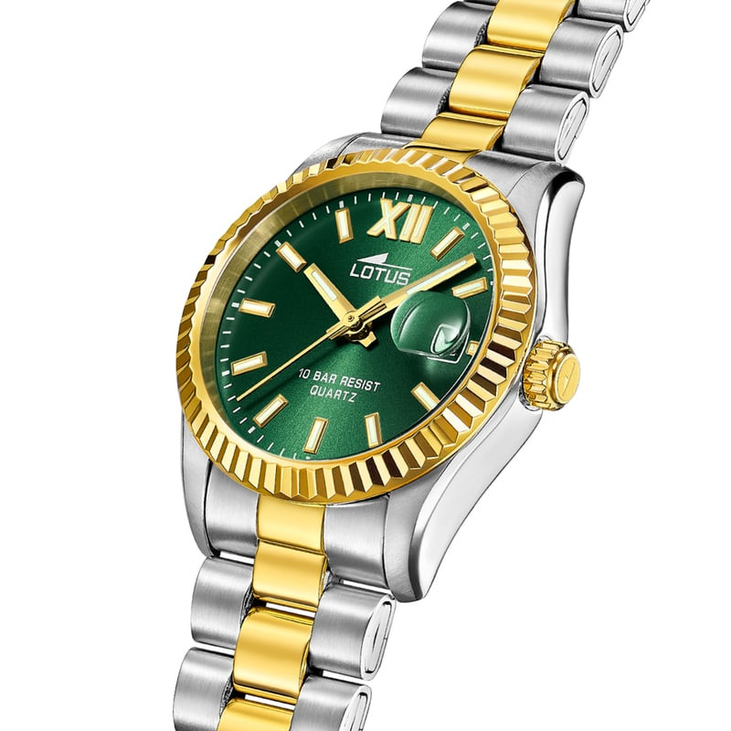 Montre Analogique LOTUS Collection Freedom bracelet acier bicolore, cadran vert soleillé et boîtier 