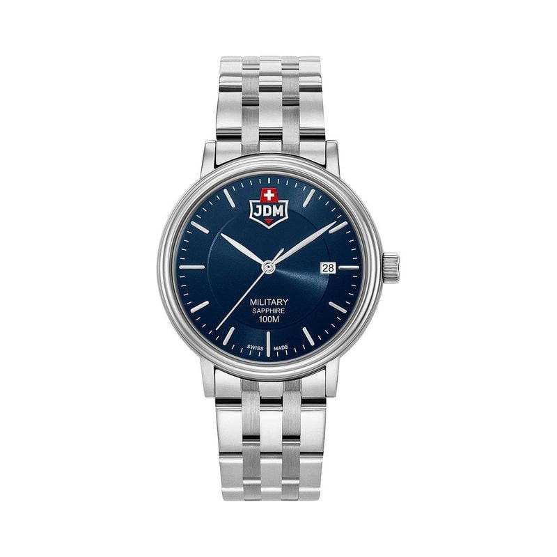 Montre homme JDM Military Kilo vue de face avec cadran bleu, bracelet en acier argenté et guichet da