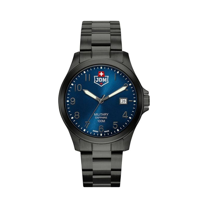 Montre homme JDM Military Alpha I, boîtier en acier inoxydable noir, cadran bleu, chiffres arabes et