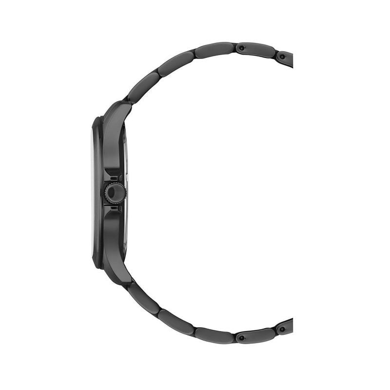 Profil latéral de la montre JDM Military Alpha I : boîtier fin en acier noir, couronne et bracelet à