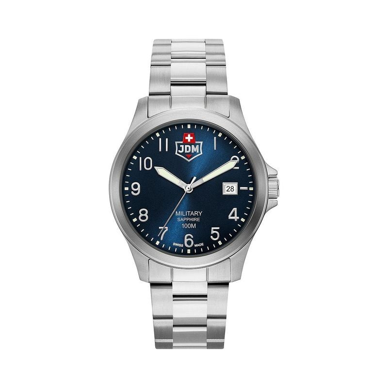 Packshot de la Montre Analogique JDM MILITARY Collection MILITARY SAPPHIRE bracelet acier argenté.