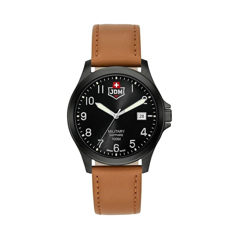 Montre Analogique JDM MILITARY collection ALPHA I bracelet Cuir Marron, vue de face sur fond blanc