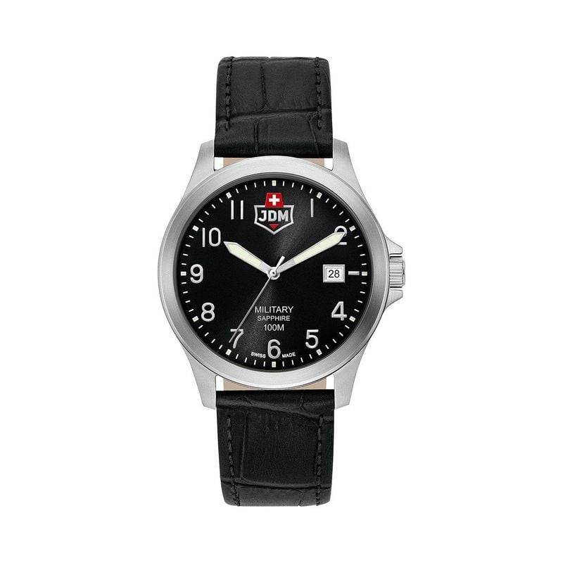 Vue de face de la montre homme JDM Military Alpha I, cadran noir, boîtier acier inoxydable et bracel
