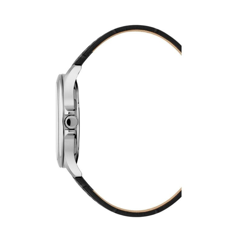 Vue de profil JDM Military Alpha I : boîtier en acier inoxydable 40 mm, couronne et bracelet en cuir