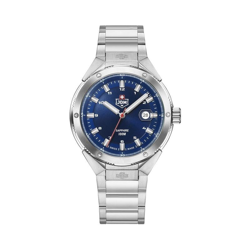 Packshot avant de la montre homme JDM Military Chopper, cadran bleu et bracelet acier