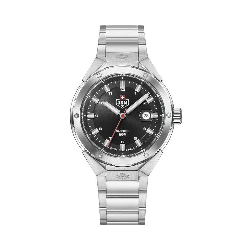 Vue de face de la montre homme JDM Military Chopper, cadran anthracite, aiguilles argentées et brace