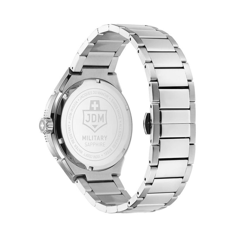 Fond de boîtier vissé gravé de la montre JDM Military indiquant une étanchéité à 100 m et un bracele