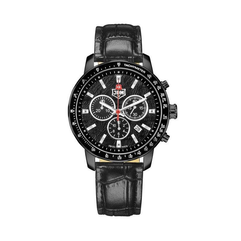 Vue de face de la montre JDM Military Challenger Chrono, cadran noir, lunette tachymètre et bracelet