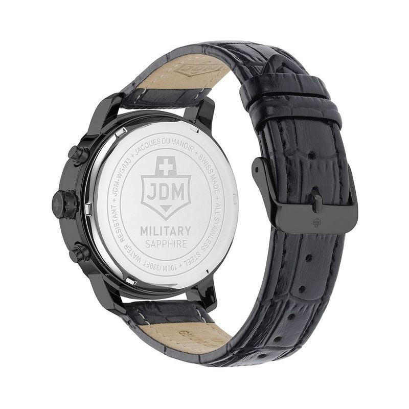 Fond de boîtier de la montre JDM Military Challenger Chrono avec gravure Swiss Made, étanchéité 100 