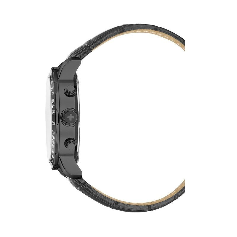 Profil latéral de la montre JDM Military Challenger Chrono avec boîtier noir, couronne, poussoirs et