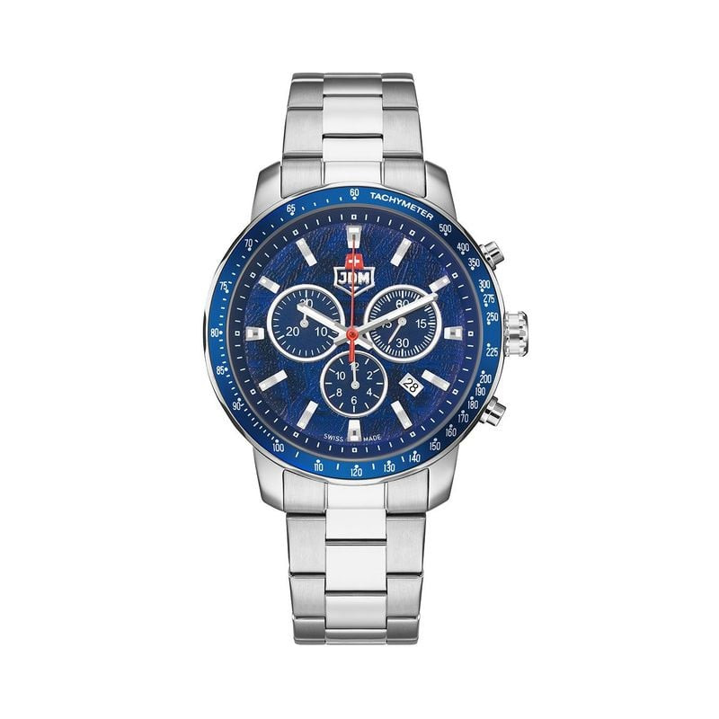 Montre homme JDM Military Challenger Chrono, cadran bleu, compteurs argentés, lunette tachymètre et 