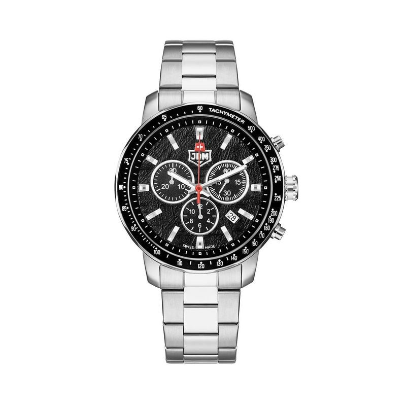 Montre Analogique JDM MILITARY collection Challenger à bracelet acier argenté, packshot sur fond bla