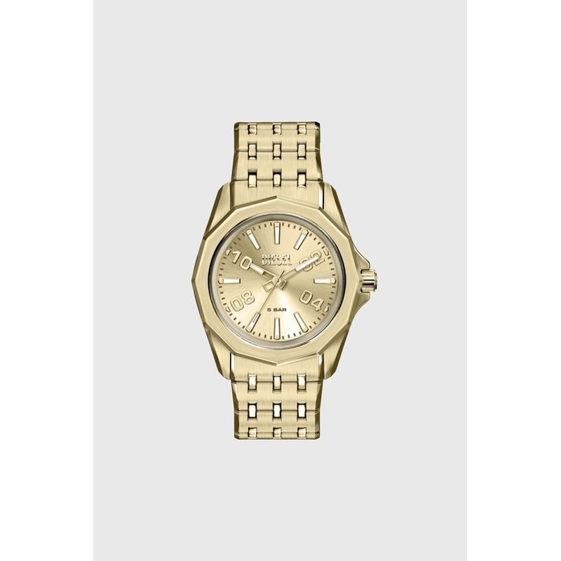 Packshot de la Montre Analogique DIESEL Collection Stinger bracelet acier doré sur fond blanc.