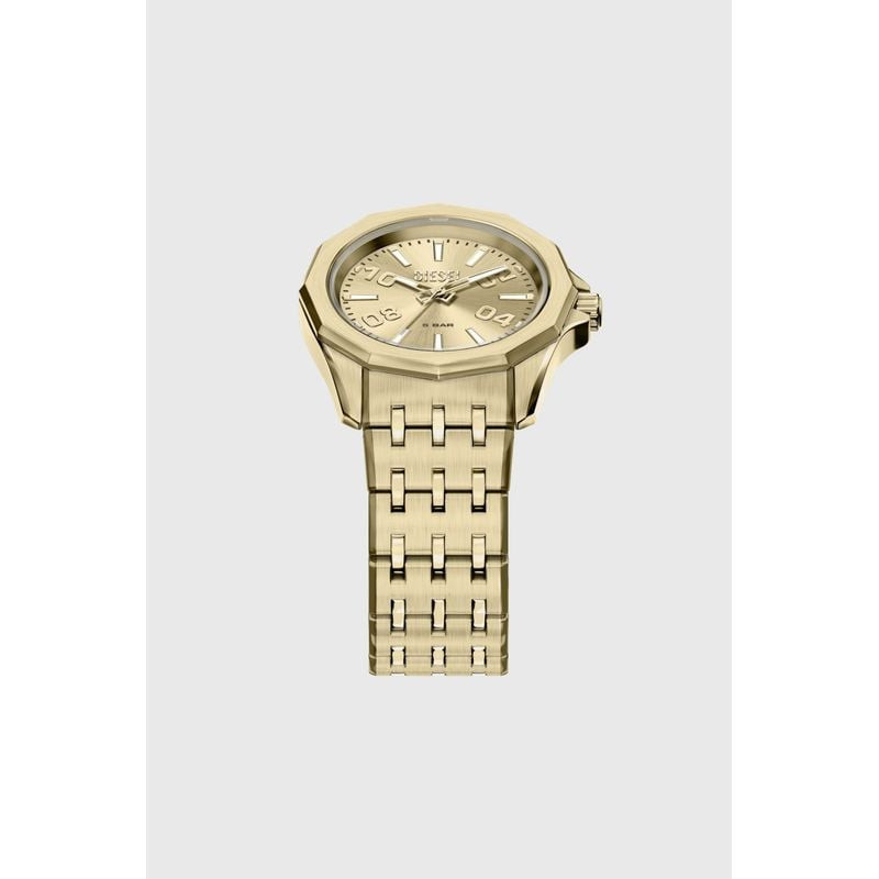 Packshot de la Montre Analogique DIESEL Collection Stinger bracelet acier doré sur fond neutre