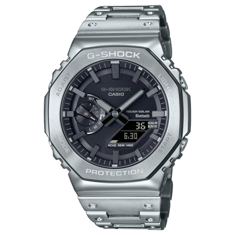 Montre Casio G-Shock GM-B2100D-1AER full metal vue de face, lunette octogonale argentée et cadran an