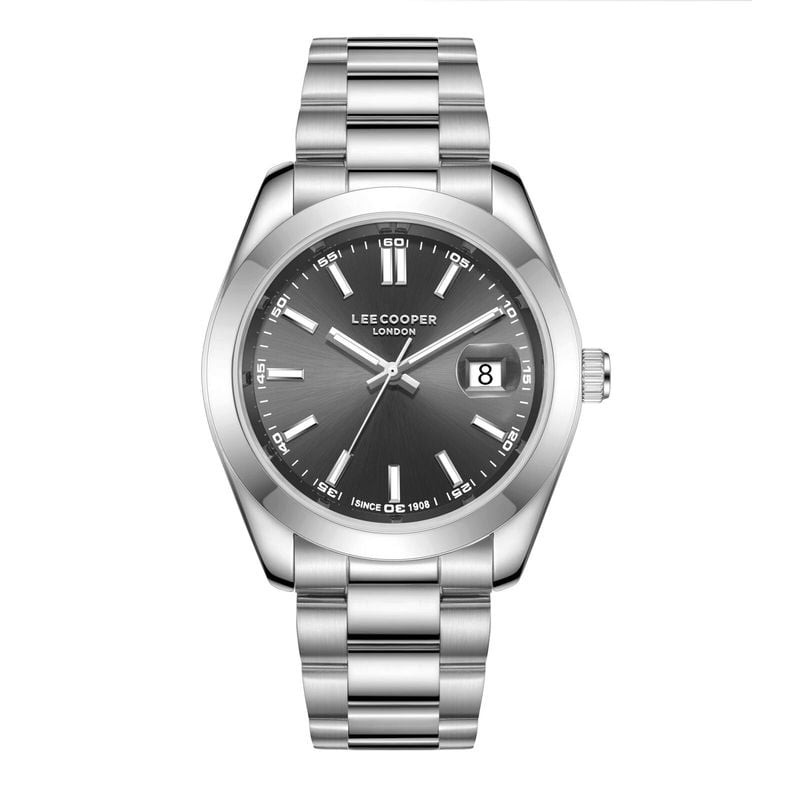 Montre Analogique LEE COOPER bracelet acier argenté, packshot avec boîtier rond 41 mm et cadran gris