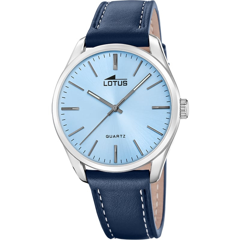 Montre Analogique LOTUS Collection Minimalist bracelet Cuir Bleu, vue de face sur fond blanc.