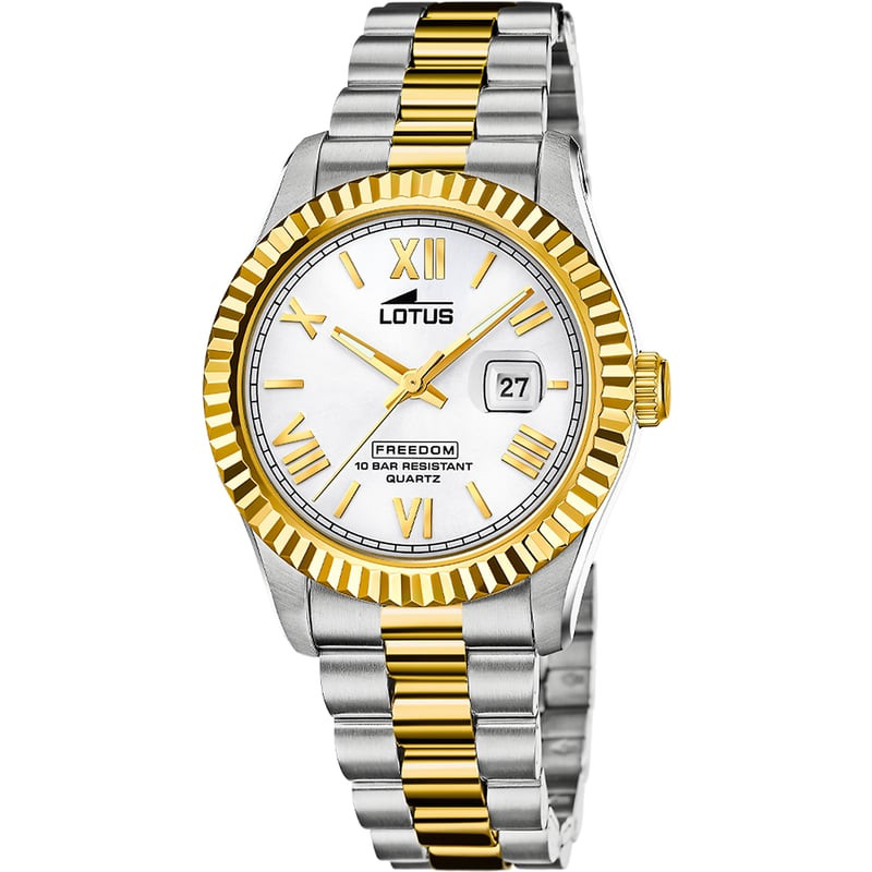 Montre Analogique LOTUS collection Freedom bracelet acier bicolore, packshot sur fond blanc