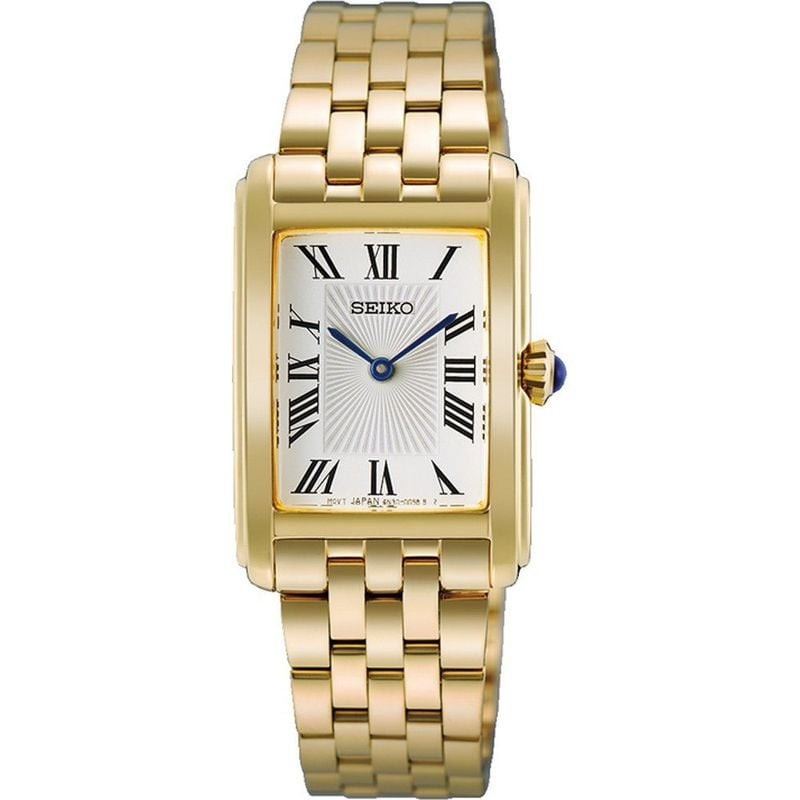 Montre Seiko Classique pour femme à quartz, boîtier rectangulaire doré, cadran blanc à chiffres roma