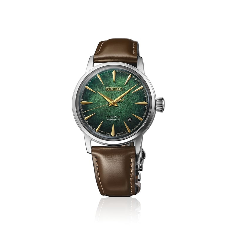 Montre Seiko Presage Cocktail Time Mint Mist avec cadran texturé vert, aiguilles dorées et bracelet 