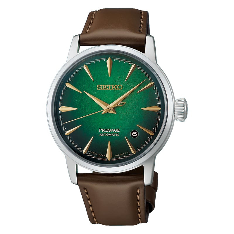 Montre Seiko Presage Automatique Mint Mist, cadran vert soleil, aiguilles dorées, date à 3h et brace