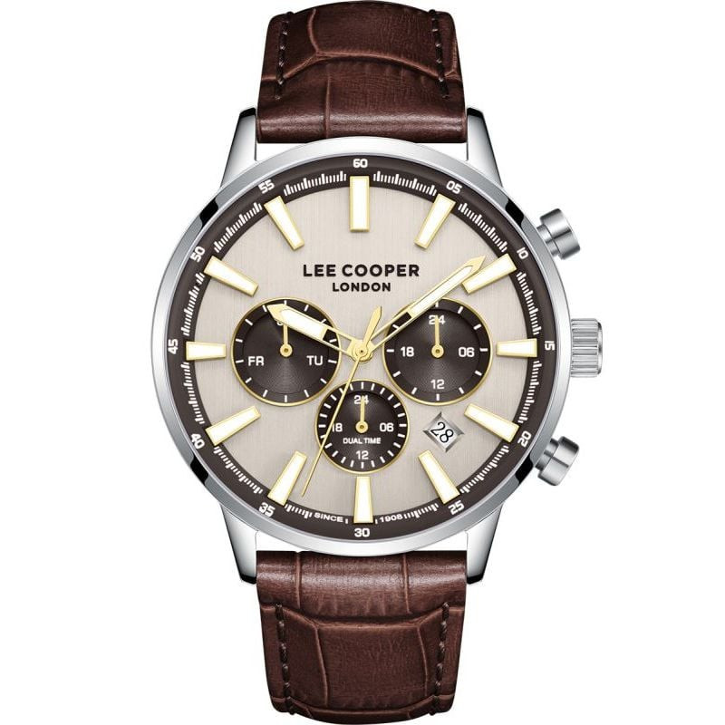 Packshot de la Montre Analogique LEE COOPER Bracelet Cuir Marron, boîtier argenté et cadran gris.