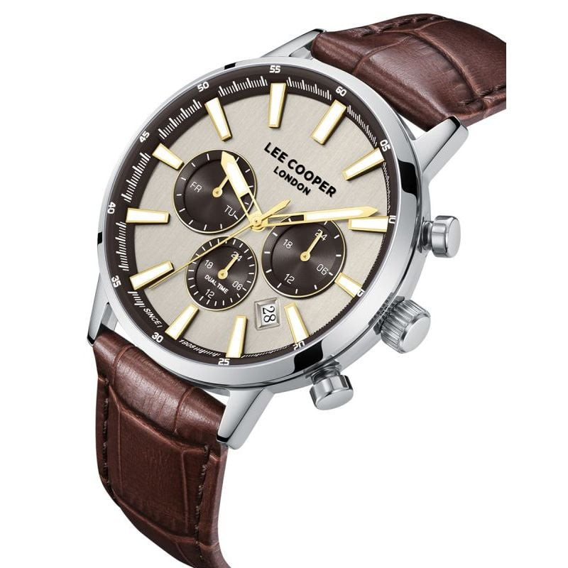 Packshot de la Montre Analogique LEE COOPER Bracelet Cuir Marron, boîtier argenté et cadran gris.