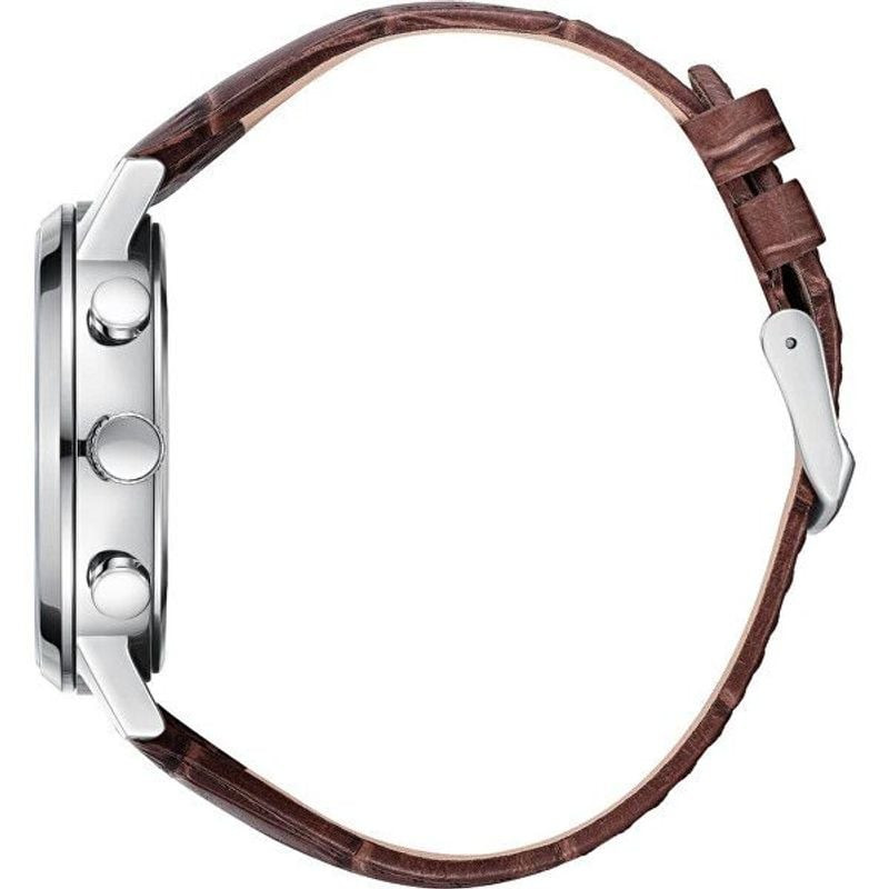 Profil latéral de la montre Lee Cooper avec boîtier en métal argenté, poussoirs et bracelet en cuir 