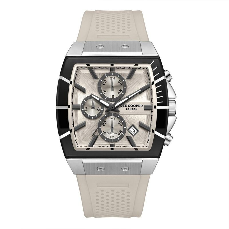 Montre homme Lee Cooper Lester multifonction, boîtier tonneau argenté, lunette noire et cadran gris,