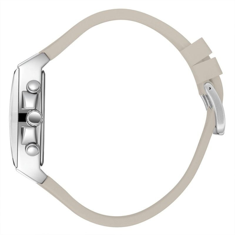 Profil latéral de la montre Lee Cooper Lester avec couronne argentée, deux poussoirs et bracelet sil