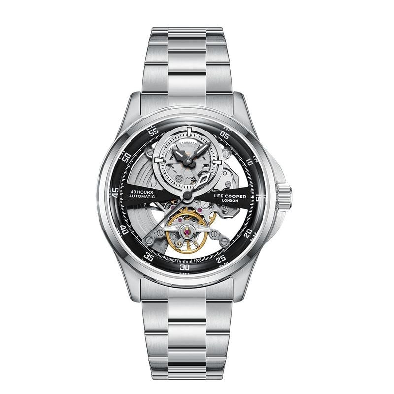 Montre automatique homme Lee Cooper Kenny, bracelet métal argenté et cadran squelette noir laissant 