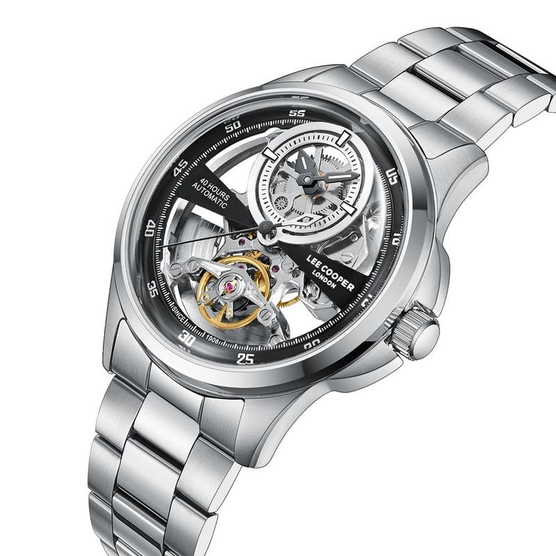 Vue inclinée de la montre automatique Lee Cooper Kenny : boîtier argenté, cadran squelette noir et b