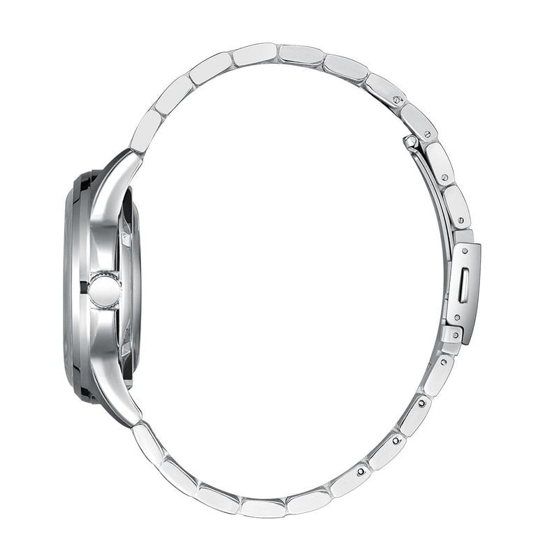 Profil de la montre LEE COOPER Kenny : bracelet acier argenté brossé à maillons, fermoir et épaisseu
