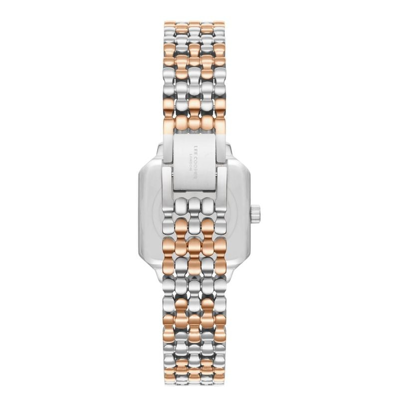 Montre analogique LEE COOPER Bertha à bracelet acier bicolore argenté et doré rose, packshot