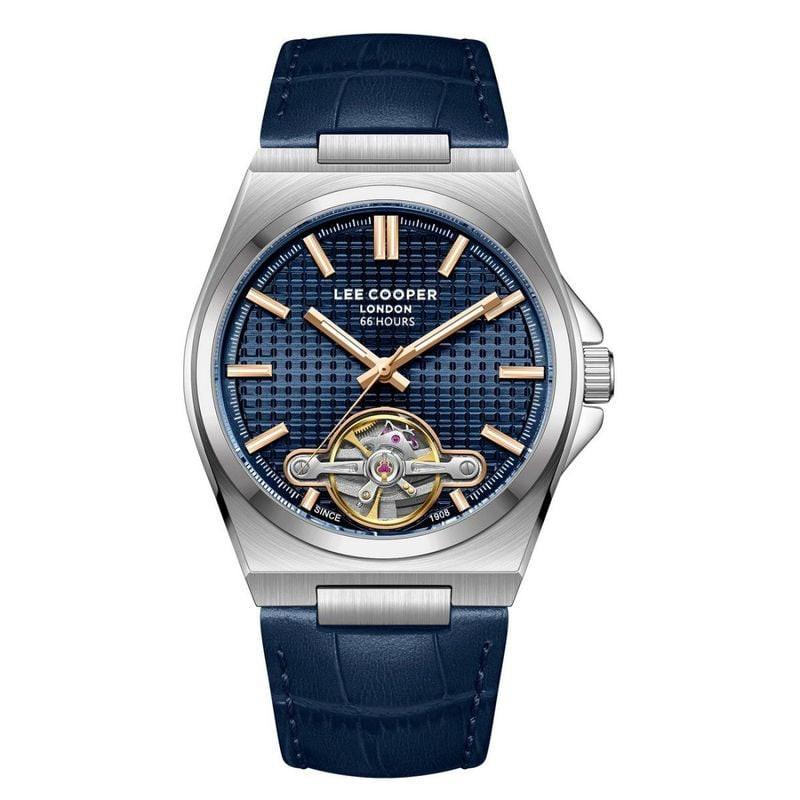 Montre homme Lee Cooper : boîtier rond argenté, cadran bleu texturé à cœur ouvert, bracelet cuir ble