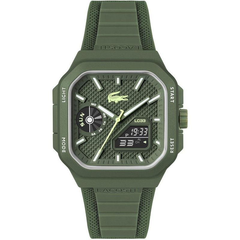 Montre analogique et digitale LACOSTE LC33 à bracelet silicone vert, packshot sur fond blanc