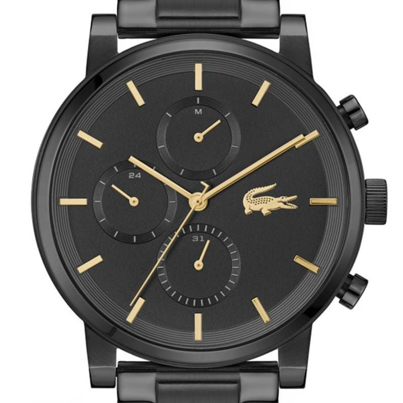 Détail de la Montre Analogique LACOSTE collection Replay bracelet acier noir, cadran noir et accents