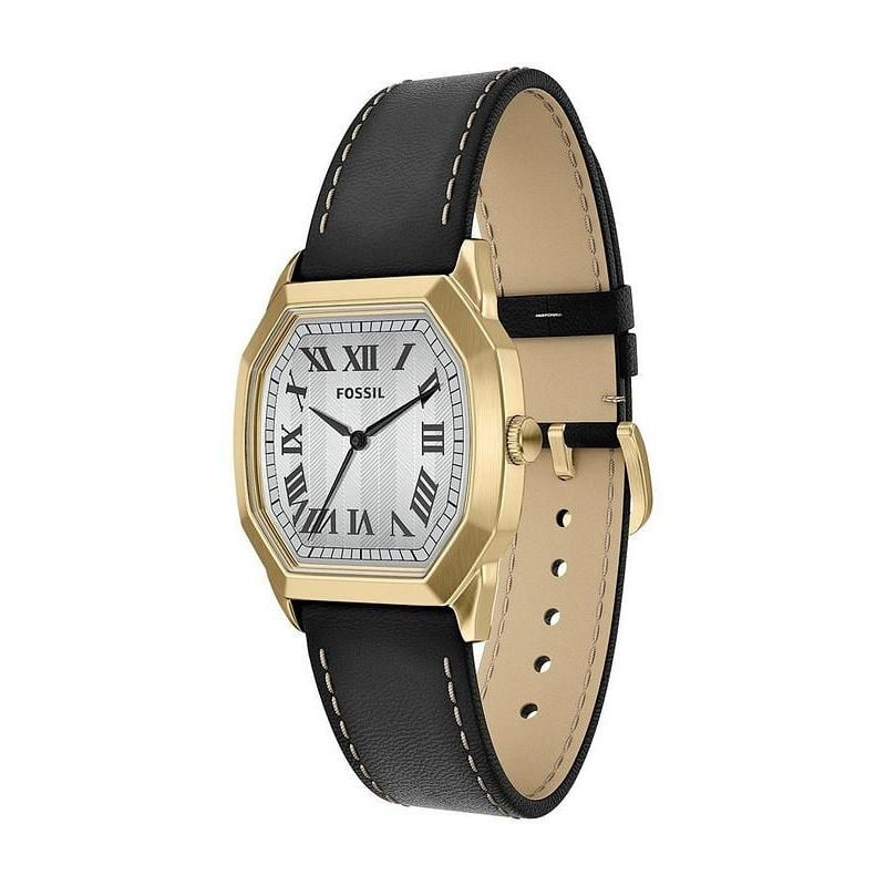 Vue de côté de la montre Fossil Harlow : boîtier doré et bracelet en cuir noir surpiqué.