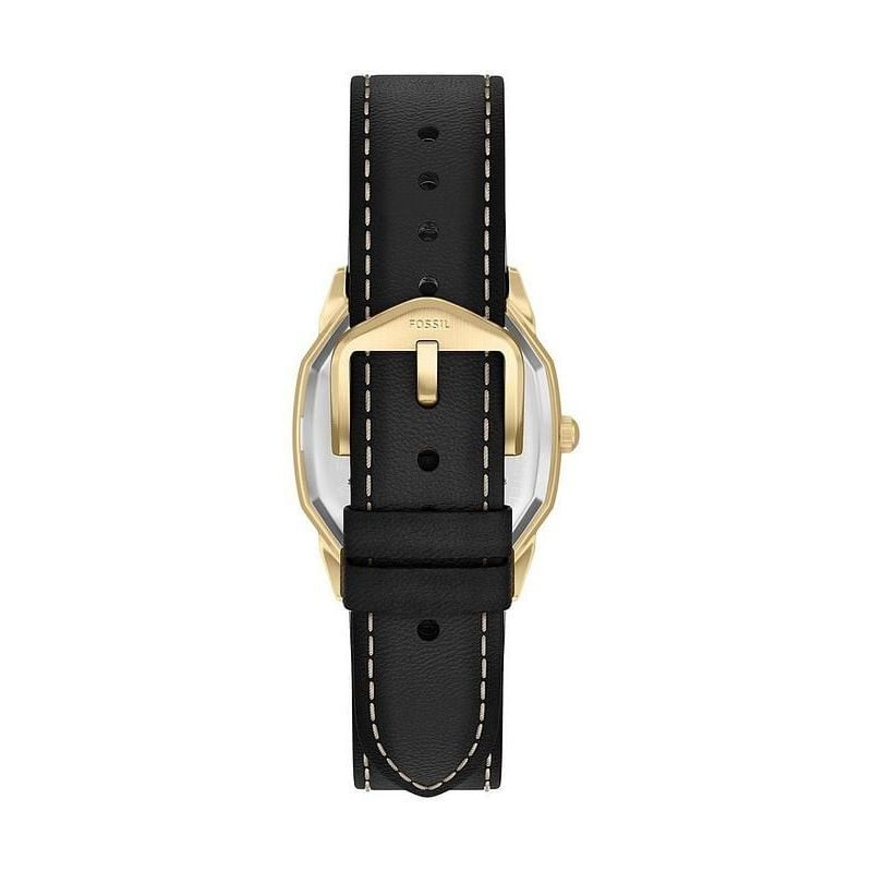 Vue arrière de la montre Fossil Harlow avec boucle dorée et bracelet en cuir noir surpiqué