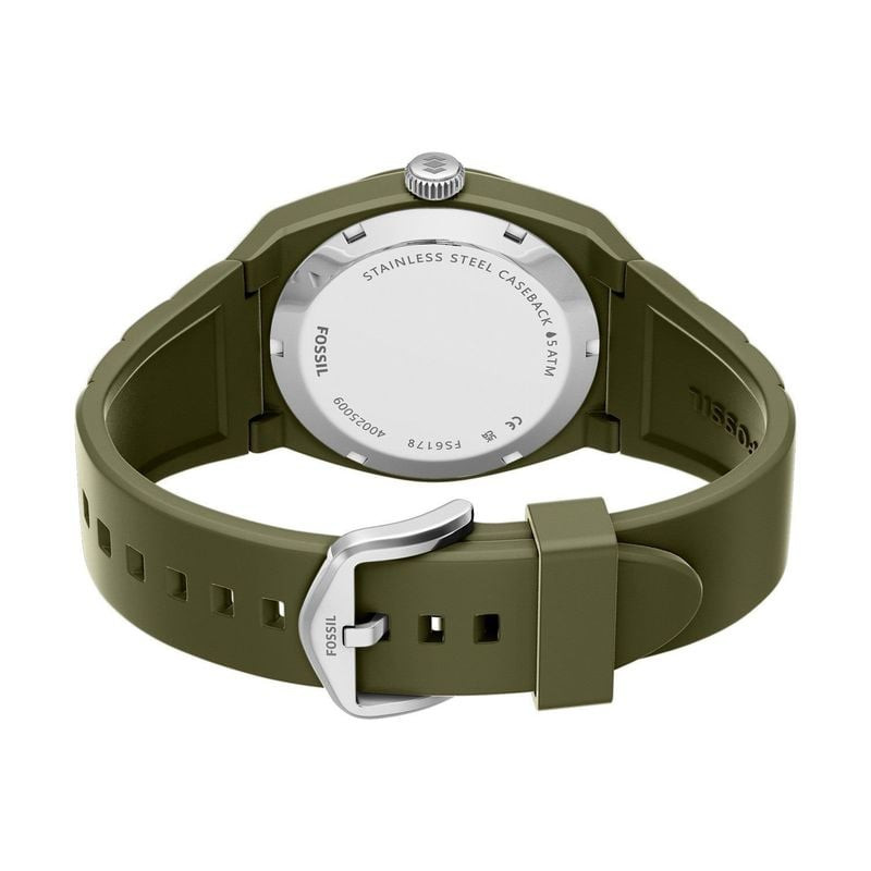 Détail de la Montre Analogique FOSSIL Collection Everett 3 Hand bracelet silicone vert avec son boît