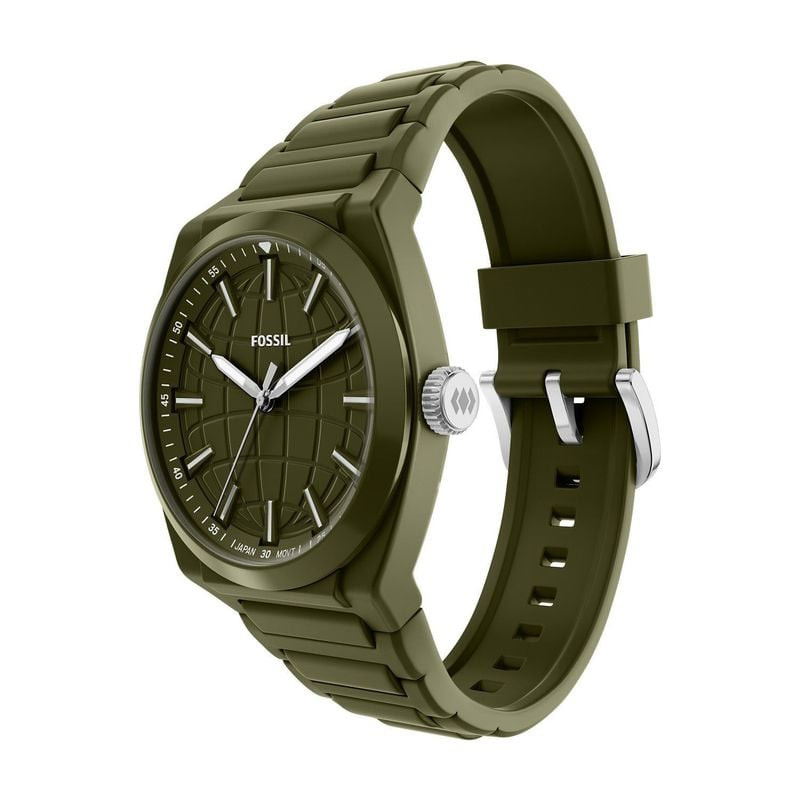 Packshot de la Montre Analogique FOSSIL Collection Everett 3 Hand bracelet silicone vert, vue de fac