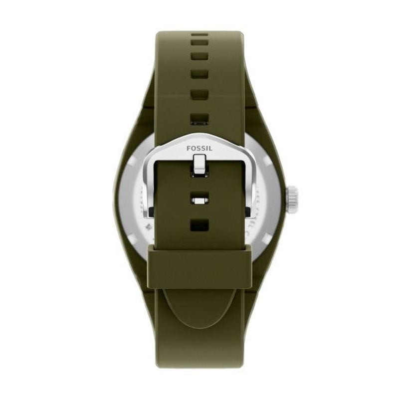 Montre FOSSIL Everett : Gros plan sur le cadran vert et le bracelet en silicone pour un look moderne