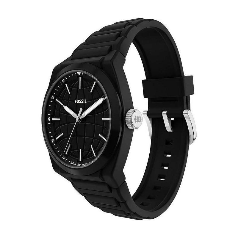 Montre Analogique FOSSIL Collection Everett bracelet silicone noir, packshot sur fond blanc
