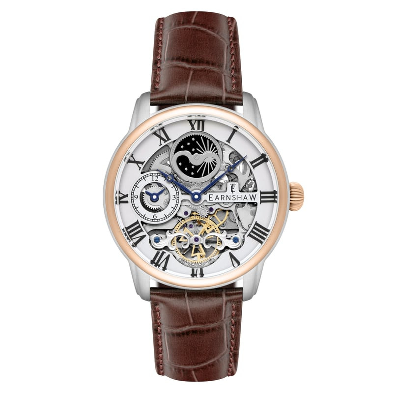 Montre automatique Thomas Earnshaw Longitude ES-8006-08, cadran squelette argenté, lunette dorée ros