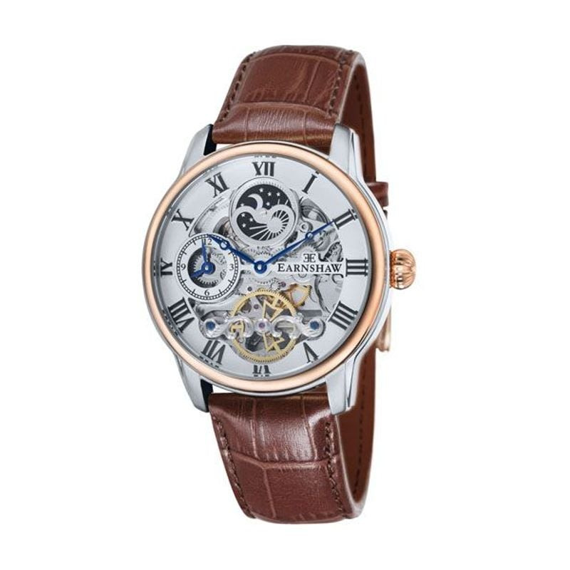 Vue inclinée de la montre automatique Thomas Earnshaw Longitude ES-8006-08 avec cadran squelette arg
