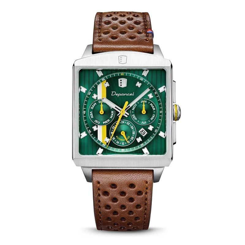 Montre automatique Depancel Série-R 01 British Green avec cadran vert rayé, accents jaunes et bracel
