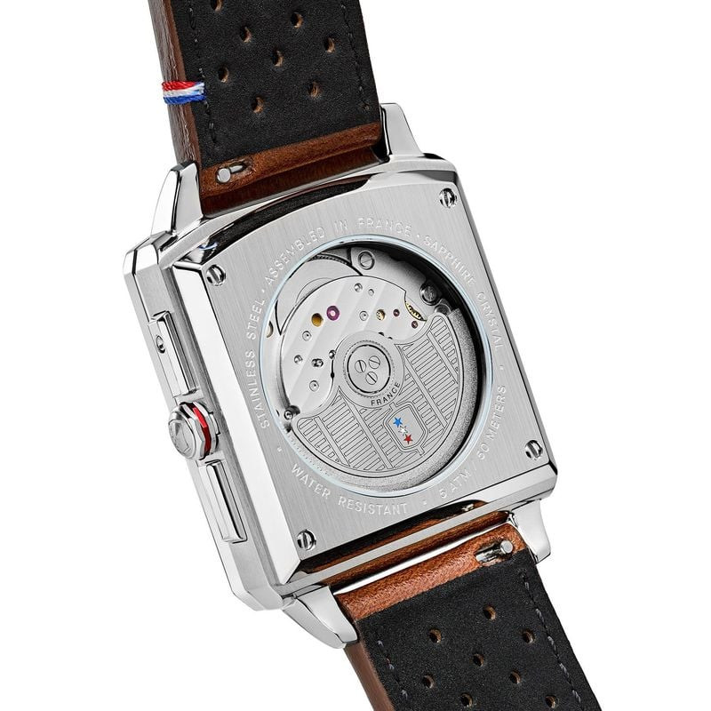 Vue du fond de la montre Depancel Série R01 Blue révélant le mouvement Miyota 9120 à travers le verr