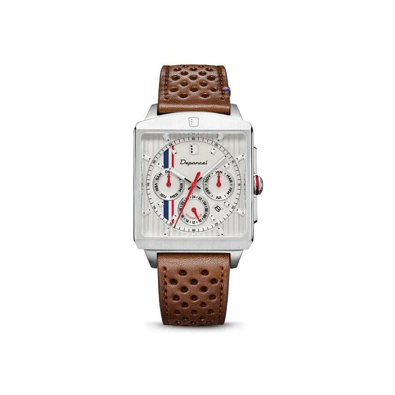 Vue avant de la montre automatique Depancel Série-R 01 Ivory, boîtier acier carré et bracelet cuir m