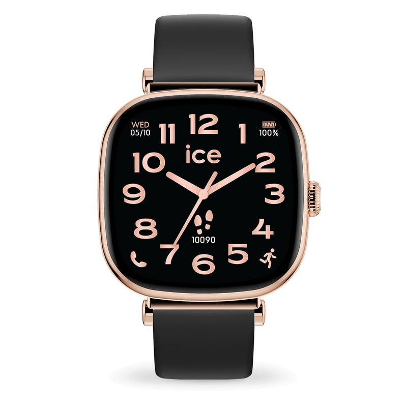 Montre connectée ICE smart SQ 2.0 Rose-Gold Black vue de face, cadran AMOLED noir, chiffres or rose 