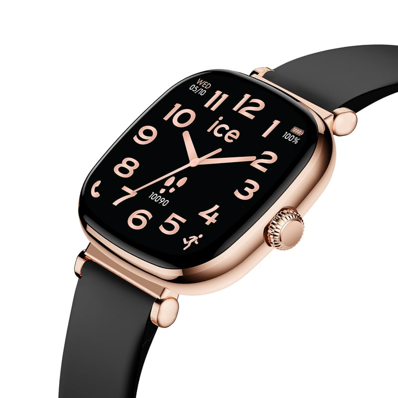 Gros plan sur l'écran AMOLED de l'ICE smart SQ 2.0 Rose-Gold Black : heure, icônes fitness et boîtie
